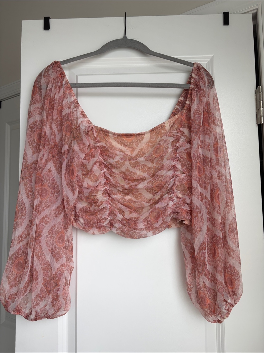 Dress Forum Pink Paisley Ruched Sheer Cropped Blouse